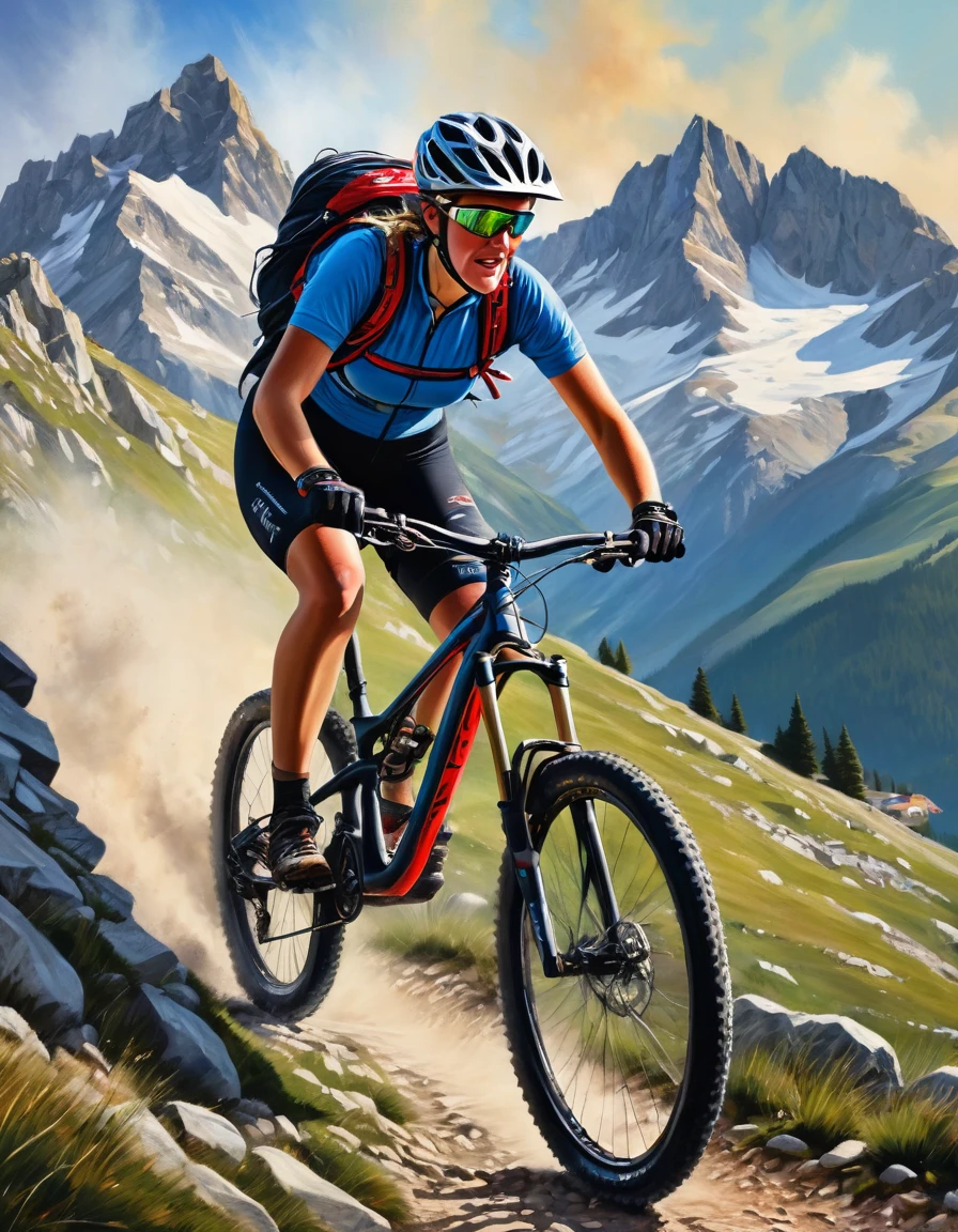 Uma linda loira fenale Extreme Trail Mountain Biker, rosto detalhado, is cycling uphill, fundo de cena de montanha incrivelmente detalhado e intrincado, in the style of photorealistic oil on canvas, Dramatic alpine background; adventure and inspiration motivation concept