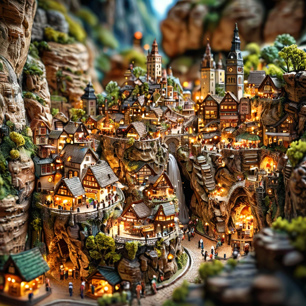 tilt-shift photography,(masterpiece, top quality, best quality),(ultra-detailed, absolutely resolution),((16k, high res)). (A city in a cave))