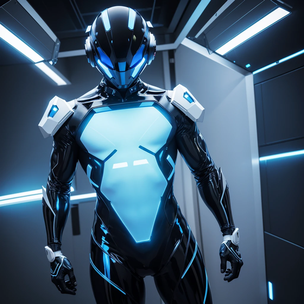 (masterpiece), (best quality), (high res) Solo, (perfect anatomy) Dronificated unknown man in a fully (enclosed blue latex full body suit) (white LEDs across the suit) (white glowing core in the chest), (enclosed cyber helmet) that cover his whole face and hides his identity with a white screen, strong body, muscular body, in a storage, (no face) no face, no hair, no mouth, no eyes, in a futuristic lab
