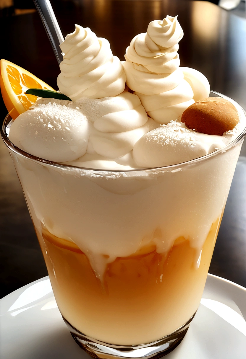High resolution photo of a classic vanilla iced latte, Smooth, The creamy texture of the milk blends with the fragrant vanilla syrup., Sprinkle with vanilla bean powder、Serve on ice.