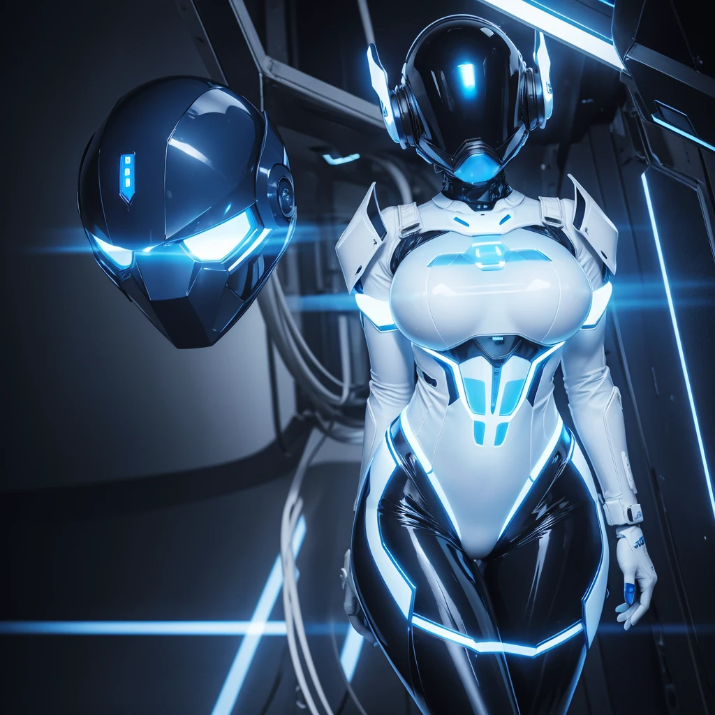 (masterpiece), (best quality), (high res) Solo, (perfect anatomy) Dronificated unknown woman in a fully (enclosed blue latex full body armor) (white LEDs across the suit) (white glowing core in the chest), (enclosed cyber helmet) that cover her whole face and hides her identity with a white screen, huge breast, narrow waist, wide hips and thick thigs, (no face) no face, no hair, no mouth, no eyes, in a lab
