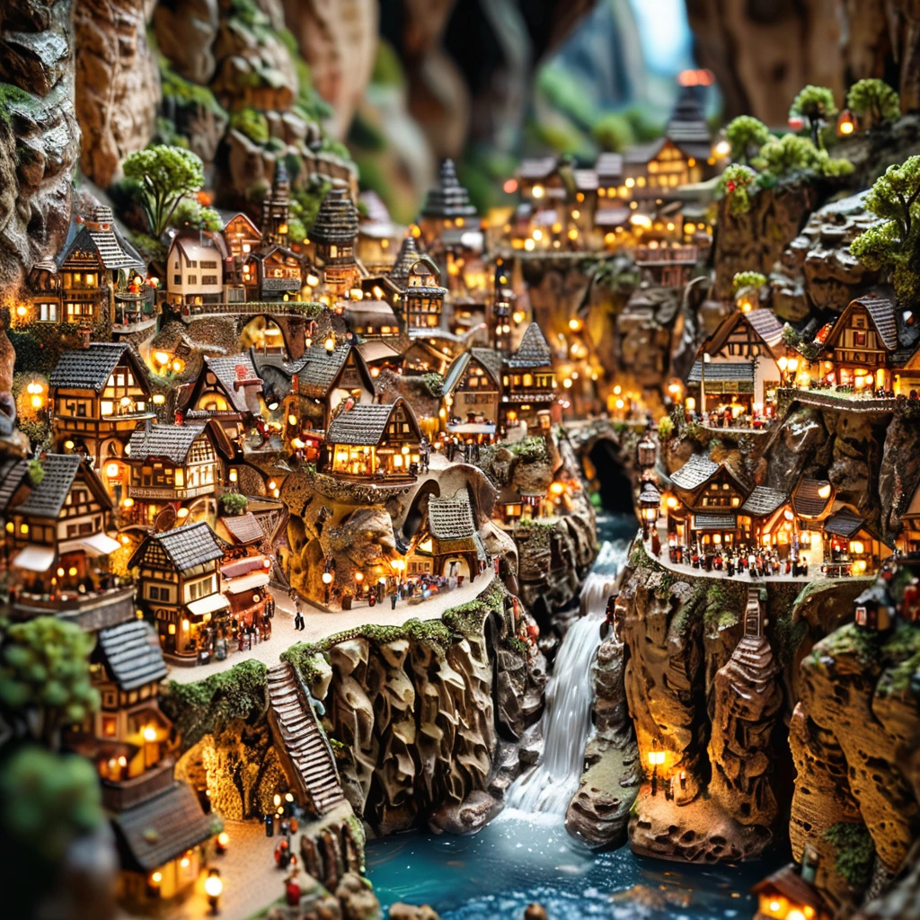 tilt-shift photography,(masterpiece, top quality, best quality),(ultra-detailed, absolutely resolution),((16k, high res)). (A city in a cave))