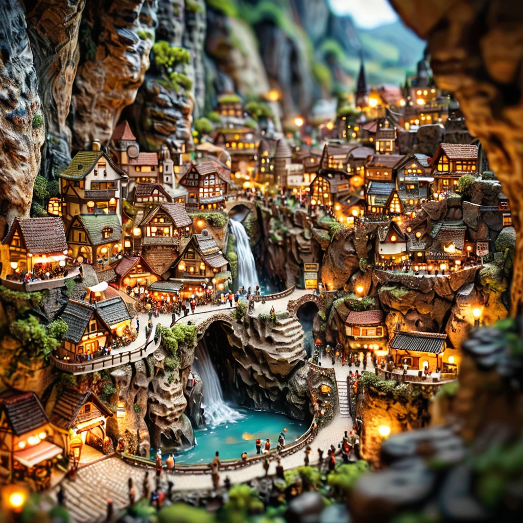 tilt-shift photography,(masterpiece, top quality, best quality),(ultra-detailed, absolutely resolution),((16k, high res)). (A city in a cave))