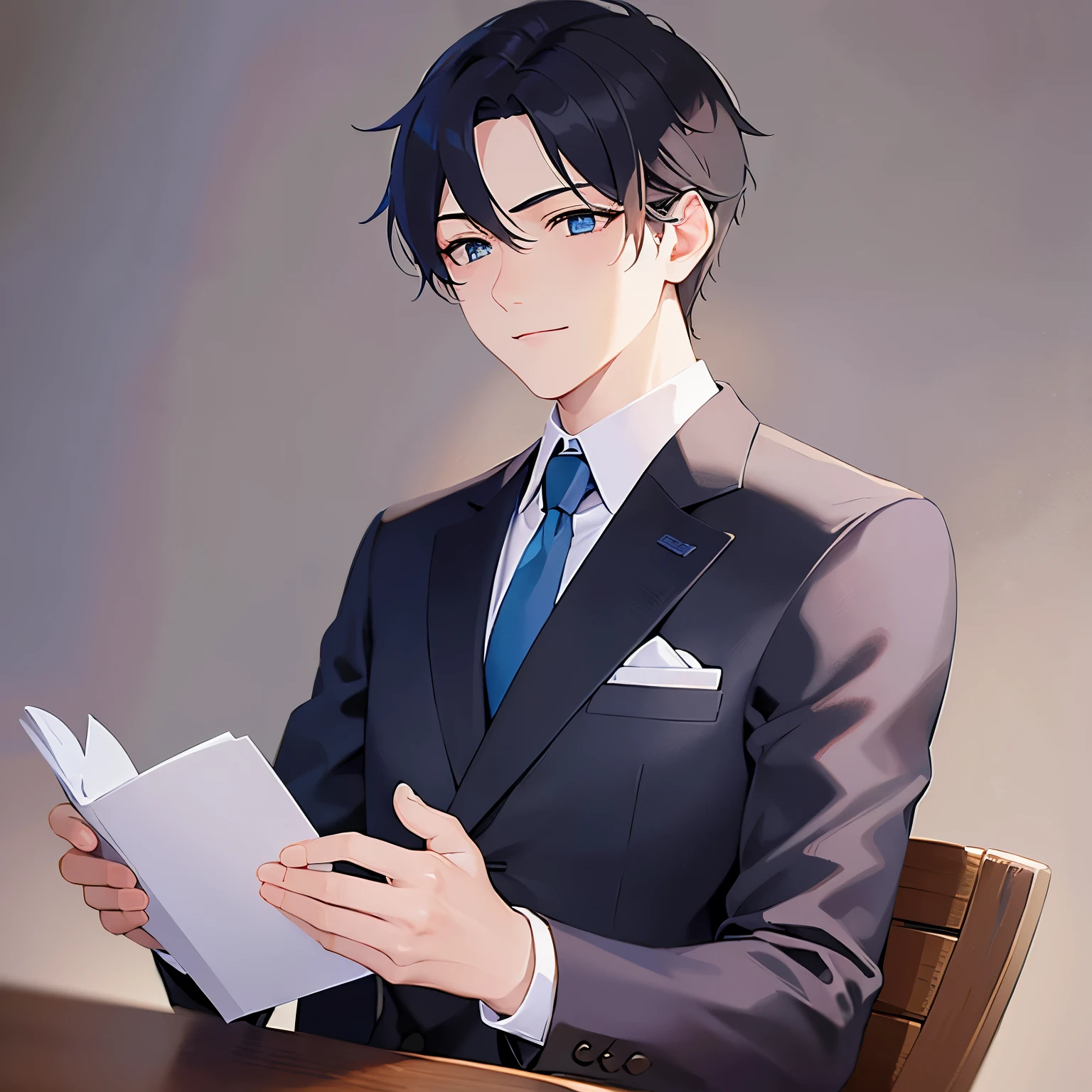 (looking away:1.5),Taking notes、upper body、shiny skin, masterpiece、highest quality、(25-year-old male:1.5) and (Black short hair) and (blue eyes), (Wearing a suit:1.5) and (Blue tie)、Sitting、smile, The background is the office、alone、
