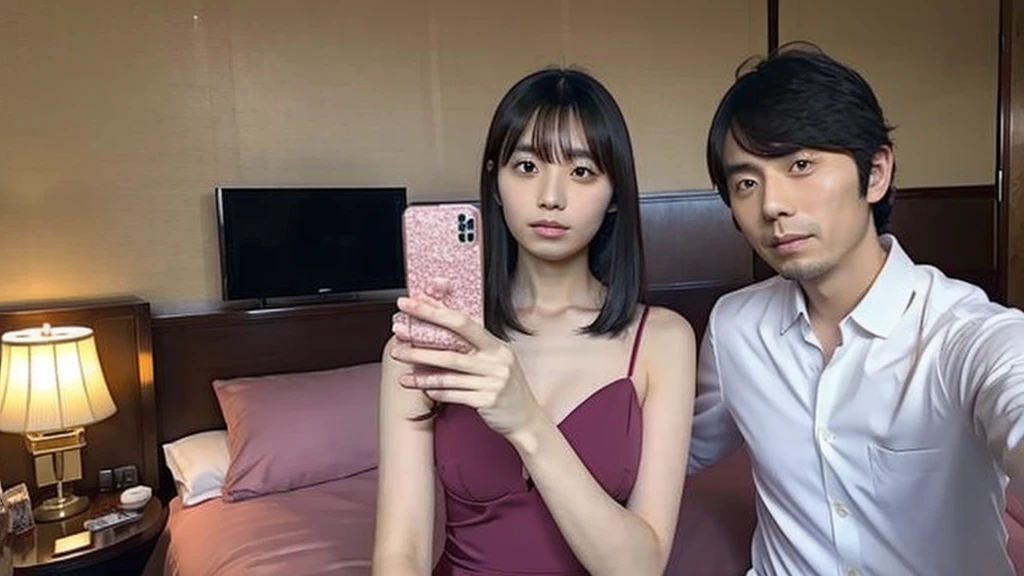 Kikuchi takes a selfie of herself and a Japanese man with long bangs, A luxury hotel room, squirt