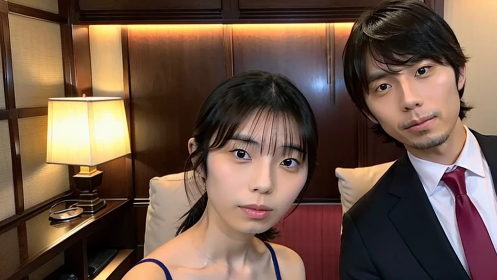 Kikuchi takes a selfie of herself and a Japanese man with long bangs, A luxury hotel room, squirt