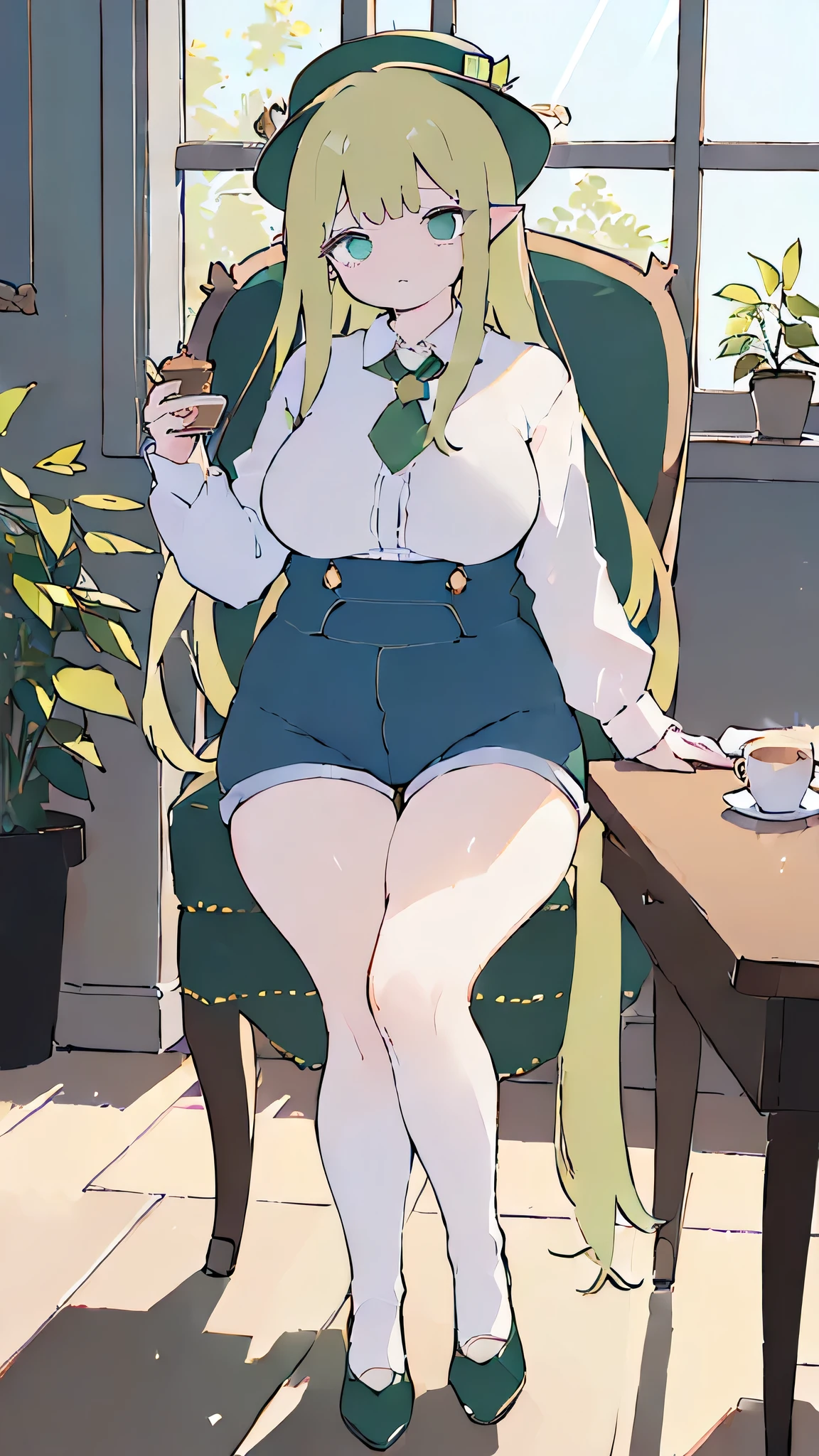 (flat:1.5),(cafe, window, sunlight, table, chair, sedentary:1.5) (big ass, thick thighs:0.7), (warm light source:1.2), intricate details, volumetric lighting, Realism BREAK(masterpiece:1.2), (top quality), 4K, ultra detail, (Dynamic configuration:1.4), Very detailed and colorful details,(rainbow colors:1.2), (shining lights, atmospheric lighting), dreamy, magical, (alone:1.2), intricate details, cheeky expression, (big breasts:1.5), (green eyes:1.5), (a devastated expression, dead eyes, dark atmosphere:1.5), (Green long hair:1.5), (shoes, buttoned dress shirt, Small hat,Small and tight denim shorts:1.5), (chubby), (beautiful eyes, flushing:1.5),(human ear,thin legs:1.5),(chair에 sedentary, diagonal shot:1.5), (embarrassing:1.5),(diagonal shot:1.5)