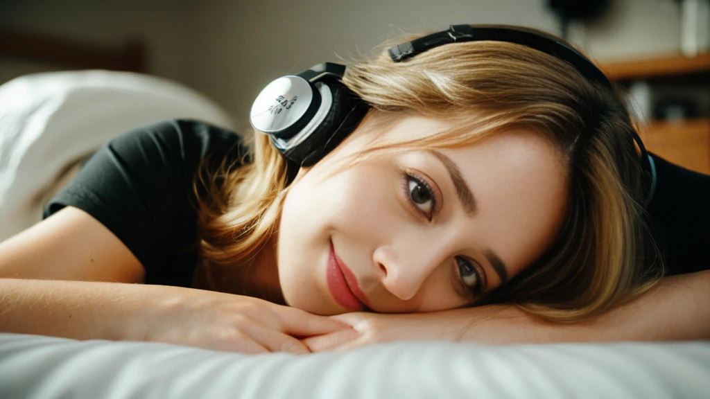 Beautiful blonde with big breasts in a black dress (Sleeping in a bed in a room late at night),Wearing headphones,Very detailed, 21 years old, Innocent face, Naturally Wavy Hair, blue eyes, High resolution, masterpiece, highest quality, Intricate details, Very detailed, Clear focus, Delicate skin, practical skin texture, texture, Delicate eyes, Professional, 4K, Cute Smile, Shot with Canon, 85mm, Shallow and deep,  Kodak Vision Color, Exactly, Very detailed, photograph_\(Extremist\), photographpractical, practical, Post-processing, Maximum details, Roughness, Real Life, Extremist practical, Photorealism, photographgraphy, 8K Ultra HD, photographgraphy
