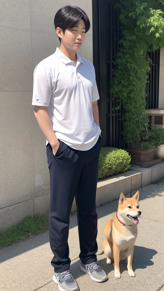 The body is fat、Shiba Inu、The posture is like begging.,
Posture is standing、Posture is upright、The camera is taken from a little distance.、The face is facing forward、The body is fat、The body is fat、The Shiba Inu is wearing tight-fitting pants and a tight-fitting polo shirt.