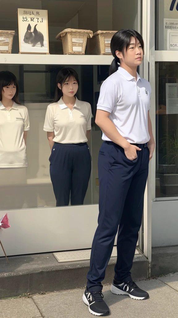 The body is fat、Shiba Inu、The posture is like begging.,
Posture is standing、Posture is upright、The camera is taken from a little distance.、The face is facing forward、The body is fat、The body is fat、The Shiba Inu is wearing tight-fitting pants and a tight-fitting polo shirt.
