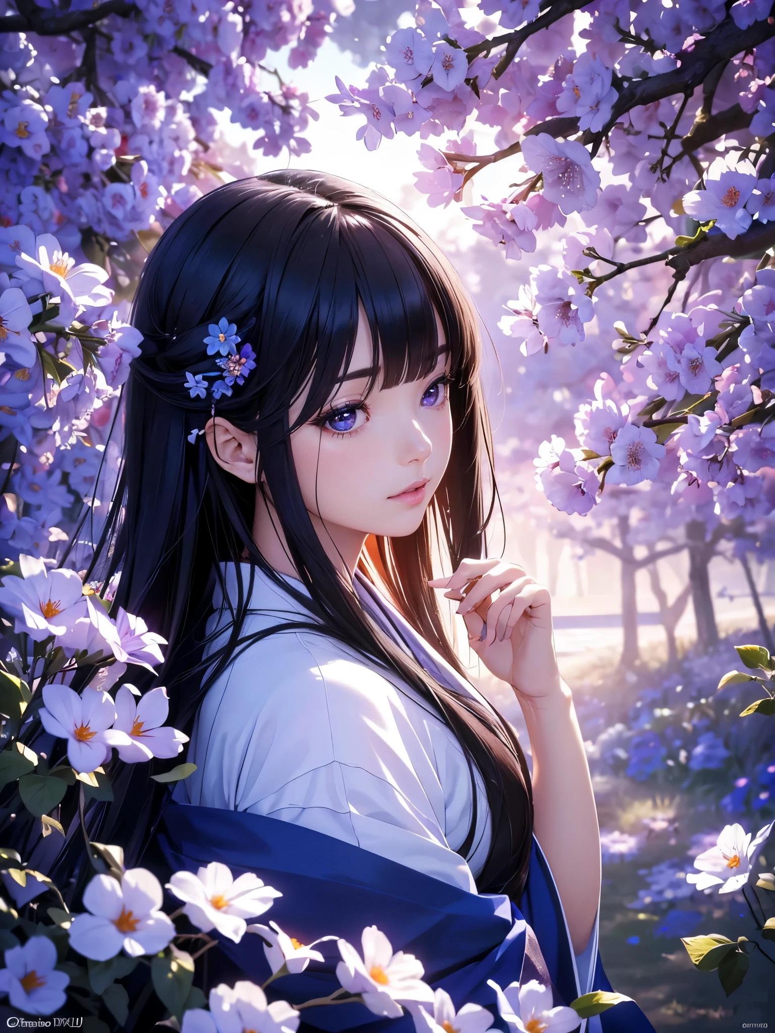 a beautiful woman in a kimono with long japanese black hair,standing in a field of blooming blue morning glory flowers,sparkling amethyst eyes,(best quality,4k,8k,highres,masterpiece:1.2),ultra-detailed,(realistic,photorealistic,photo-realistic:1.37),HDR,UHD,studio lighting,ultra-fine painting,sharp focus,physically-based rendering,extreme detail description,professional,vibrant colors,dramatic lighting,elegant,serene,photorealistic