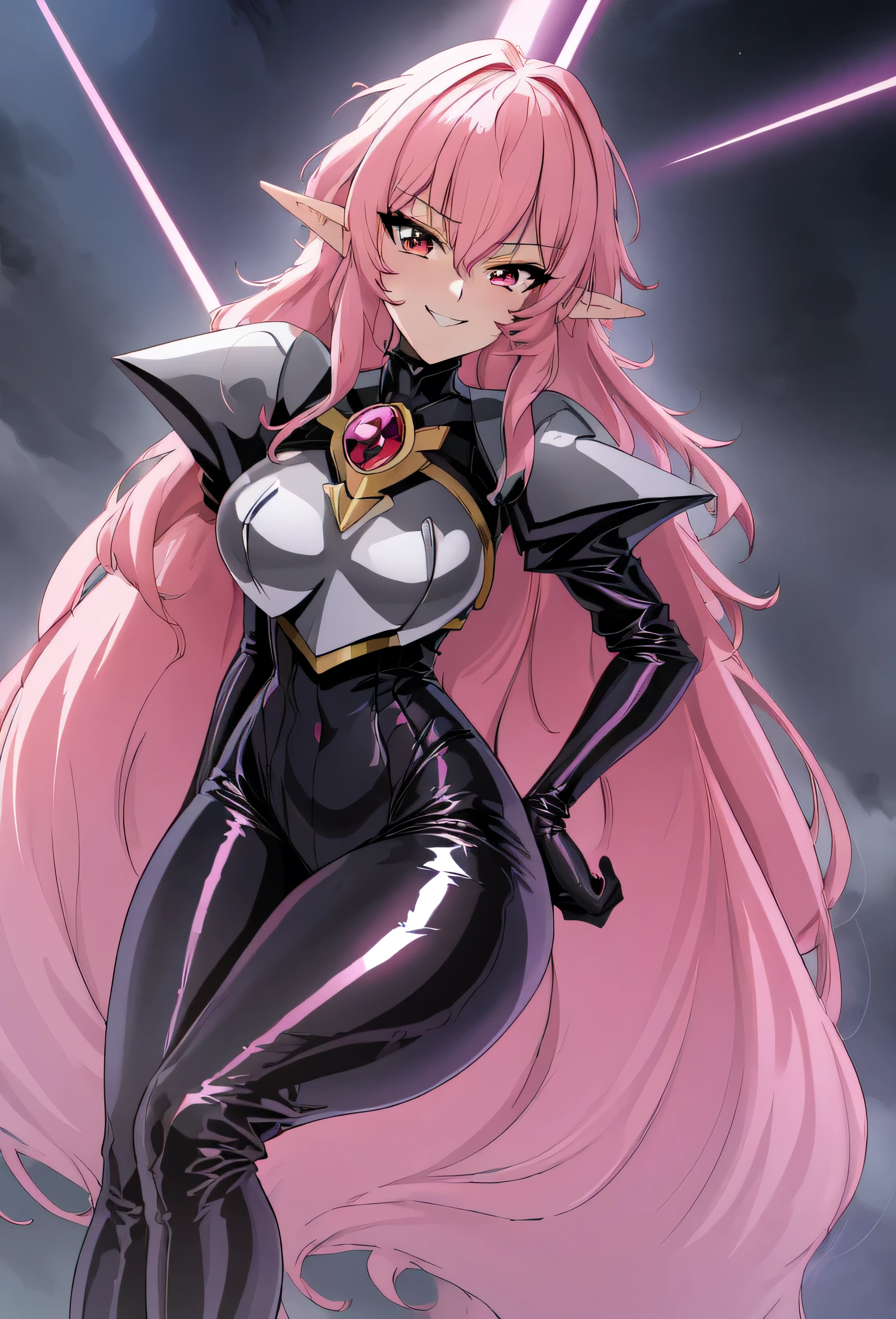 high quality, extremely detailed, perfect face,  Nova, long pink hair, (black latex bodysuit), steel pauldrons, steel breastplate, long ears, evil smirk, evil laugh, medium breasts, (dark and stormy skies, lightning)(masterpiece:1.0),(Highest_quality:1.0), 超High resolution,4k,Super detailed, photo shoot, 8K, HDR, High resolution, disorganized:1.2, kodak portrait 400,raising a frame,Highly detailed CG Unity 8K wallpaper, perfect lightingofficial art,,(beautiful_face:1.5),(narrow_waist),,Highly detailed CG Unity 8K wallpaper, perfect lighting, anime screencap, retro artstyle, anime coloring, traditional media,evil huge laugh,too sadistic smile,shaded face,