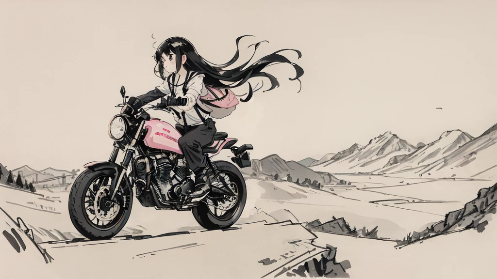 Girl riding pink motorcycle, Ball Head, Flowing hair, Come back to me, Holding a mobile phone, cute, interesting, suspenders, Road Background, vehicle, Disguise, streamer, Black Hair, Black cloth shoes, ink, landscape, High resolution