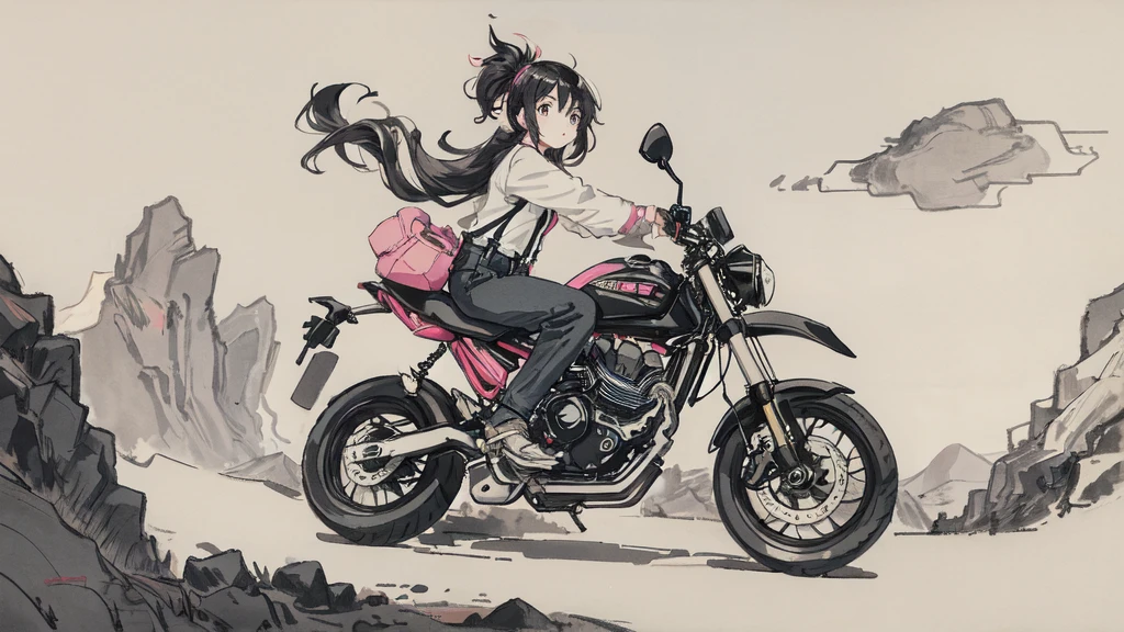 Girl riding pink motorcycle, Ball Head, Flowing hair, Come back to me, Holding a mobile phone, cute, interesting, suspenders, Road Background, vehicle, Disguise, streamer, Black Hair, Black cloth shoes, ink, landscape, High resolution