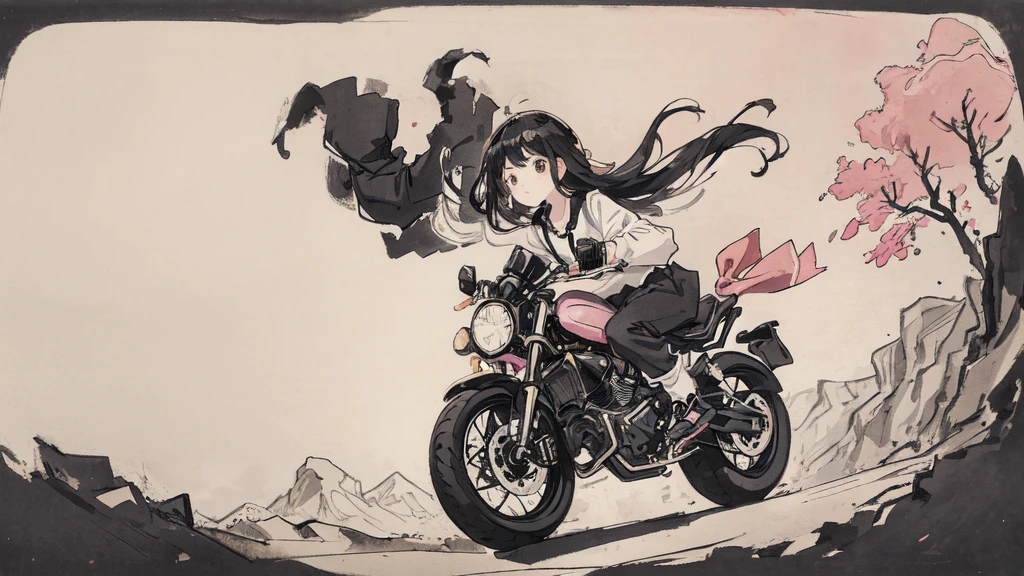Girl riding pink motorcycle, Ball Head, Flowing hair, Come back to me, Holding a mobile phone, cute, interesting, suspenders, Road Background, vehicle, Disguise, streamer, Black Hair, Black cloth shoes, ink, landscape, High resolution