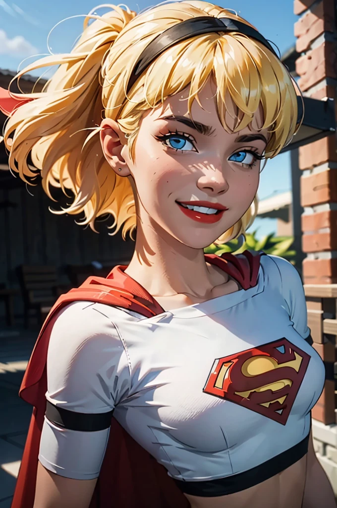 supes, blonde hair, blue eyes, crop top, midriff,cape headband, red lips, looking at viewer, smiling,  close up portrait, 
outside, blue sky,  extreme detail, hdr, beautiful quality, saia curta e colada