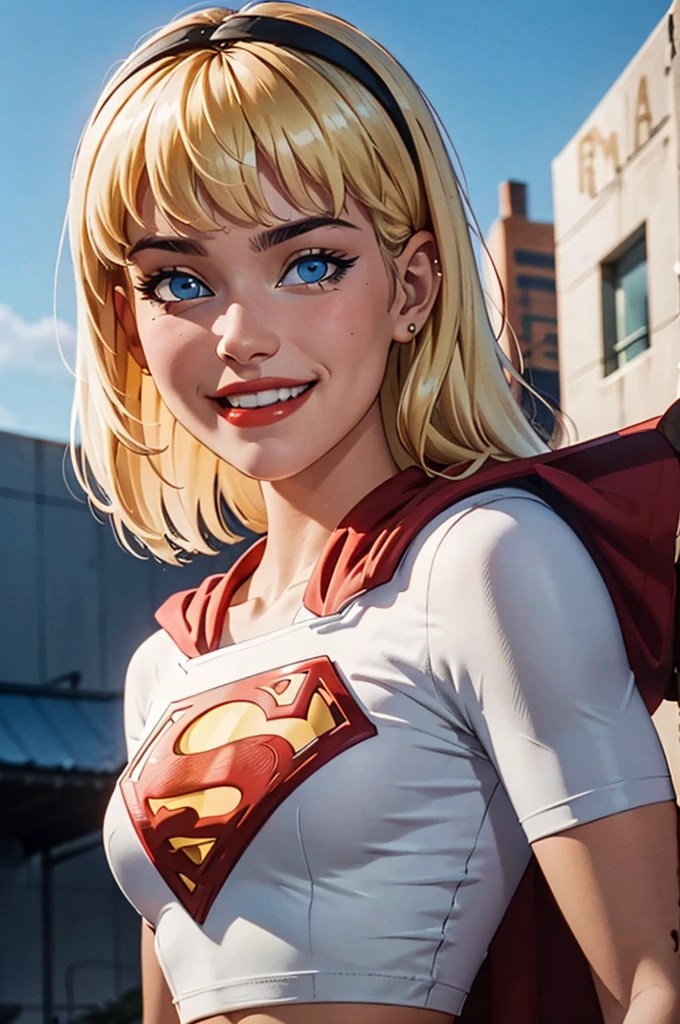 supes, blonde hair, blue eyes, crop top, midriff,cape headband, red lips, looking at viewer, smiling,  close up portrait, 
outside, blue sky,  extreme detail, hdr, beautiful quality, saia curta e colada