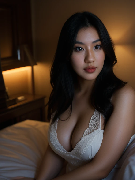 ((ultra wide angle lens, Cowboy shooting, Deep focus, Shooting at eye level)), (8k resolution), realism, couture fashion photography, an award winning photo of a beautiful busty girl in nightgown, 30 years old, Asian girl, solo, 1girl, bun, cleavage, black long hair, lying in bed, dark lighting, (deep shadows:1.1), masterpiece, best quality, (intricate details), dreamy, magnificent, ethereal, volumetric lighting, lightroom, ((cinematic)), raytracing, subsurface scattering, face focus,