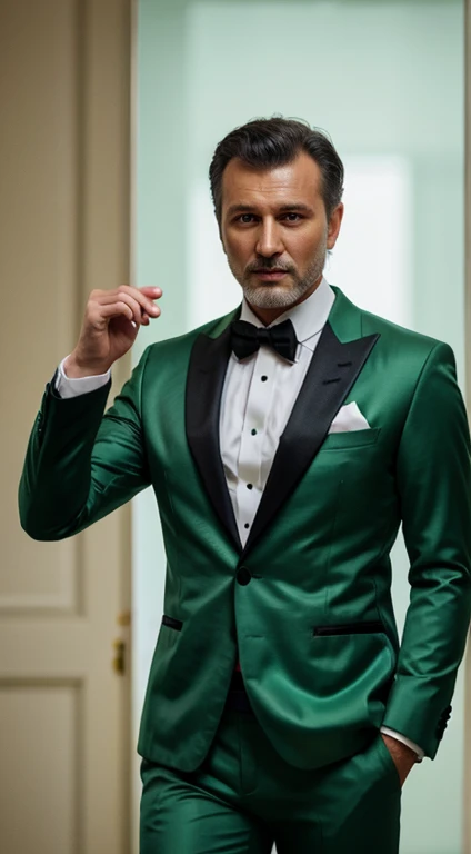 russian man , pastel green jacket tan pant tuxedo ,candid low long shot photography, realistic, detailed skin texture, vibrant colours, great exposure, cinematic, Photorealistic:1.4, UHD
