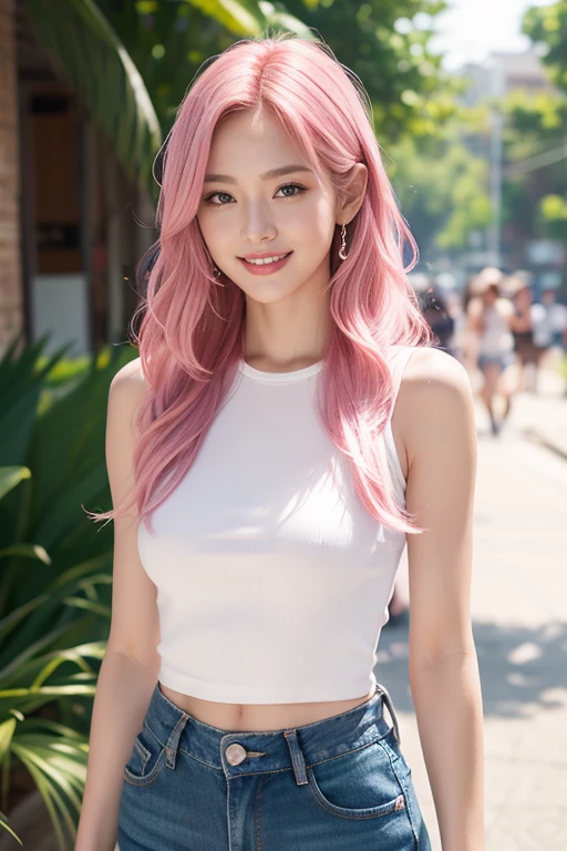 highest quality、4K、Perfect Face、Perfect Style、perfect body、Sunburn、beautiful lady、mature、pink hair、Swept-back hair、full body,  、charming、healthy、beautiful abs、sleeveless shirt、jeans、smile
