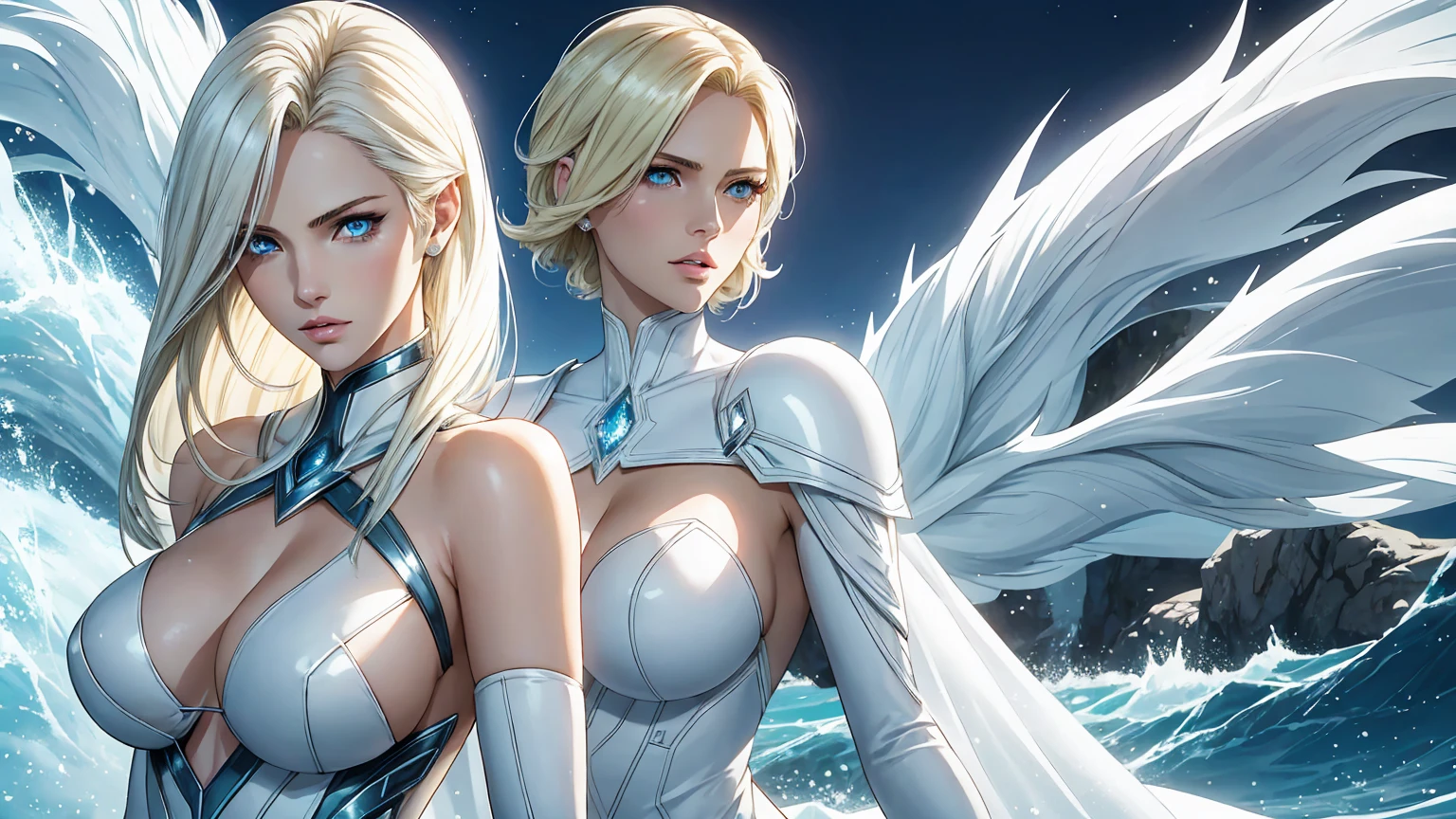 Beautiful Modern Anime: Emma Frost in her classic attire, a frosty-haired, impeccably elegant yet discreet mutant woman. Exuding the charm of a professional model, with blue eyes sparkling with mischief and vitality. Resembling Megan Fox and Charlize Theron, her icy gaze framed by cascading waves of frosty locks, capturing her cool sophistication. Radiating glamour, power, and youthful energy. Intricate outfit details of shimmering diamonds and sleek leather with a modest neckline showcase the artist's skill. 