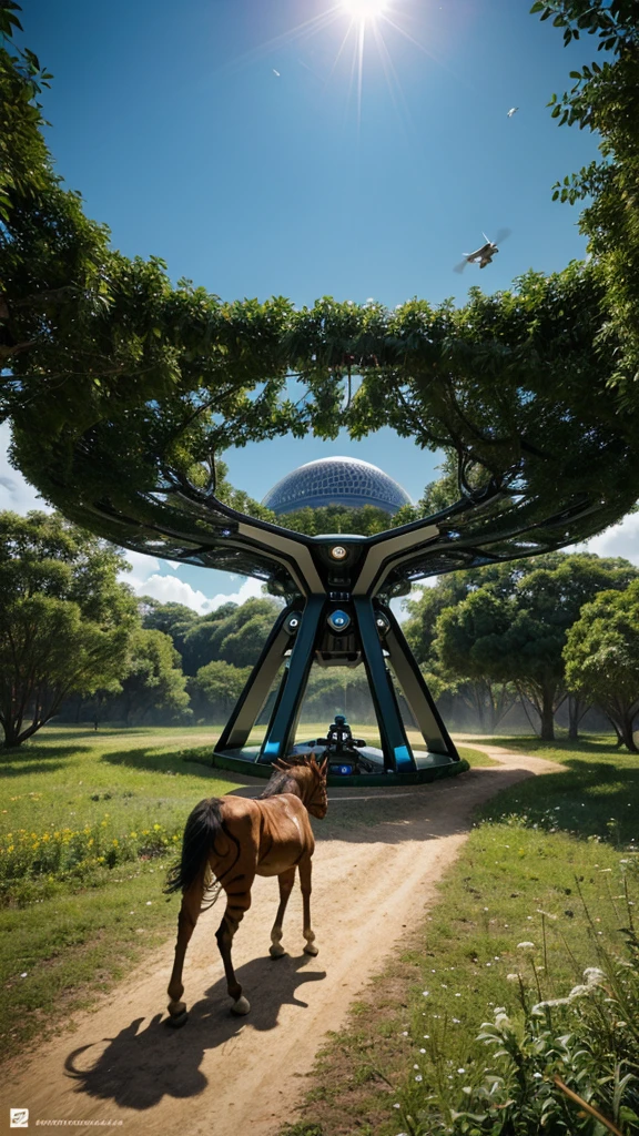 "Imagine a futuristic park protected by a dome, onde natureza e tecnologia se fundem. The robotic tiger lives in **Cyber Forest**, with metallic trees and rivers of mercury. The robotic eagle flies in the **Virtual Sky**, an LED dome with aerial landscapes. The robotic wolf explores the **Mechanical Mountains**, made of titanium and steel, com drones imitando a vida selvagem. The robotic horse gallops in the **Holographic Plains**, with fiber optic prairies and nanomaterial soil. Corredores energizados conectam esses ecossistemas, allowing free movement and interaction."