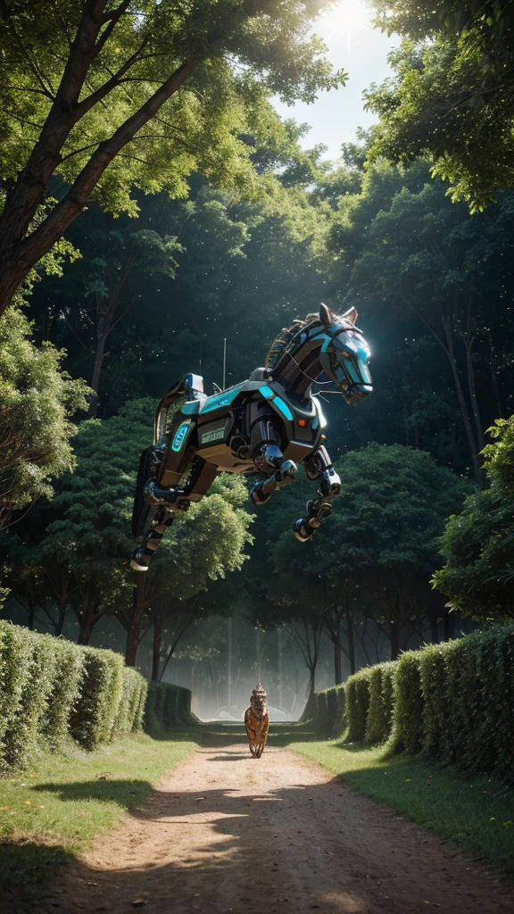 "Imagine a futuristic park protected by a dome, onde natureza e tecnologia se fundem. The robotic tiger lives in **Cyber Forest**, with metallic trees and rivers of mercury. The robotic eagle flies in the **Virtual Sky**, an LED dome with aerial landscapes. The robotic wolf explores the **Mechanical Mountains**, made of titanium and steel, com drones imitando a vida selvagem. The robotic horse gallops in the **Holographic Plains**, with fiber optic prairies and nanomaterial soil. Corredores energizados conectam esses ecossistemas, allowing free movement and interaction."