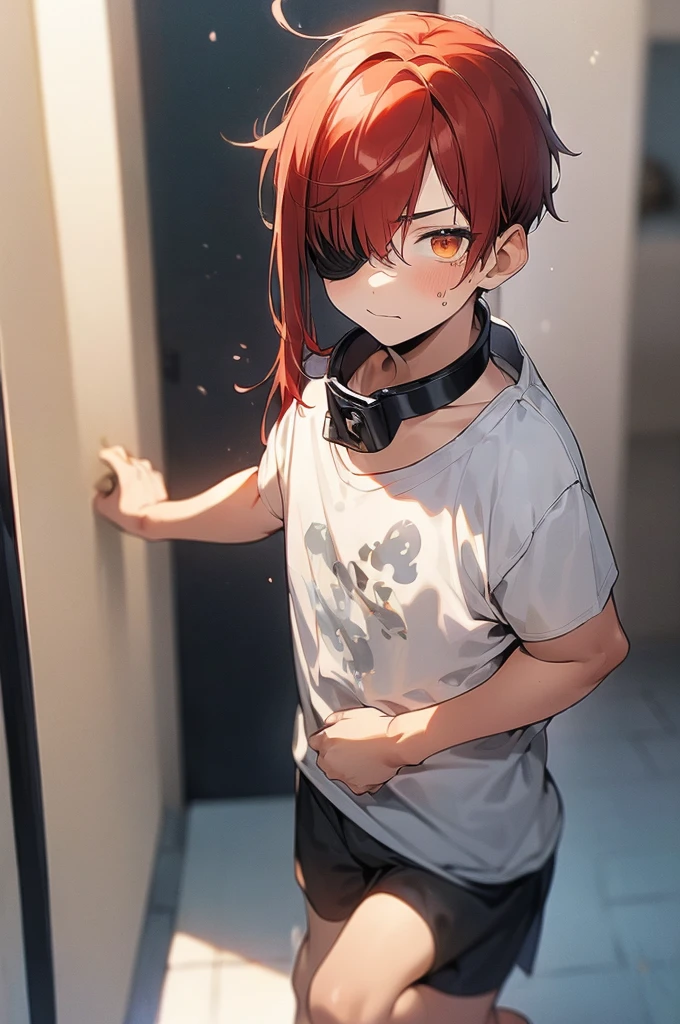 {masterpiece, distinct_image, extremely detailed CG, beautiful eyes and detailed face, 4k, 8k, high_resolution, perfect_finger, medieval style, (beautiful_detailed_eyes:1.3), glitter, yellow_light,{1boy, face_focus,full body, looking for_in_viewer, standing},{(shota,slave:1.3) (tattered long gray T-shirt, no pants, {thick_metal_collar:1.6}, black_right_eyepatch:1.5), (red_hair, red_eyes, long_hair, hair_over_one_eye, one_eye_covered_with_hair, asymmetrical_bangs:1.4), (tired_face, glaring, breathing:1.2), (gray_wall_prison_indoor:1.3)}}