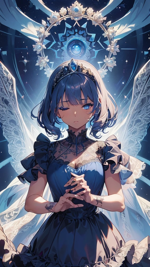 (​masterpiece、top-quality、top-quality、Official art、aesthetics:1.2)、(1girl in:1.3)、(Fractal Art:1.3)、short-hair、Spread your wings with both hands、embrace your heart、I&#39;ll give you a diamond heart、forget-me-not blue light、A guide full of endless flowers、It&#39;s okay、a smile