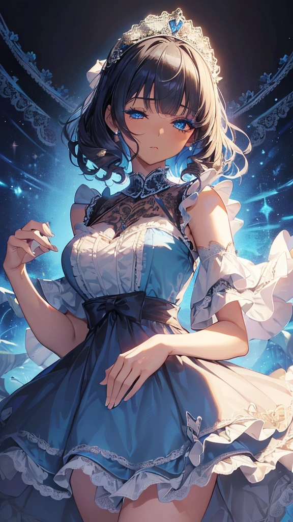 masterpiece, highest quality, Very detailed, High resolution, Japanese anime,One girl, (Dark Skin:1.2), Golden Hair, (short hair:1.4), (Blunt bangs:1.3), Curly Hair, Wavy Hair, Drill Hair, (eyelash:1.3), (eye shadow:1.3), (blue eyes:1.5), (Beautiful fine details:1.4), (Eyes half closed:1.5), jitome, Height: 130cm, original character, Fantasy, (Black background:1.2), Beautiful fingers, Are standing, (Lace Ruffled Dresses:1.5), (tiara:1.5) , Shoot from the front, View Viewer
