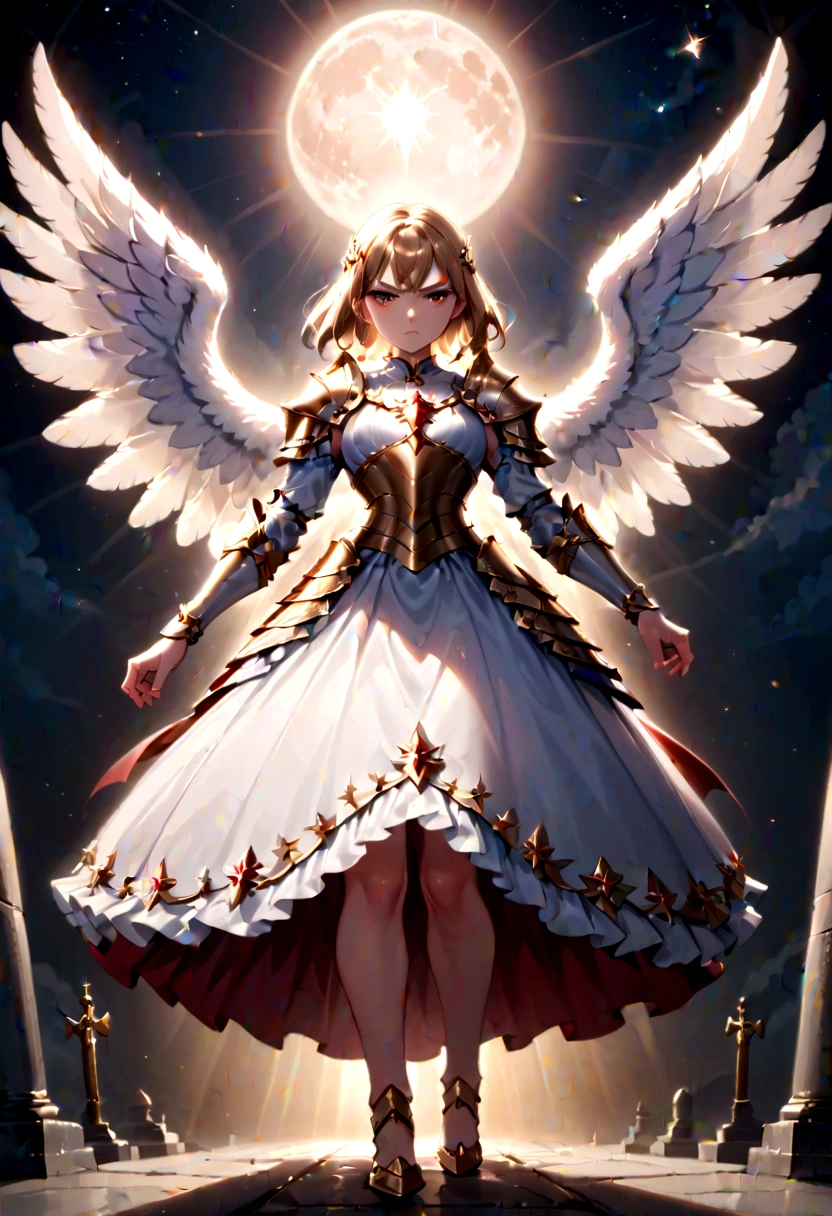 (a model shot taken from the back: 1.5), female angel (Masterpiece, intense details: 1.3), paladin, holy warrior, short blond hair, determined face, full body, armed with sword, holy symbol, (wearing white armor: 1.3), ((fully dressed: 1.5)), (wings sprouting from the back: 1.3) spread large feathered wings, majestic wings, white angelic wings, moon light, moon, stars, clouds, cemetery background, anatomically correct (Masterpiece, intense details: 1.3), god rays, cinematic lighting, glowing light, photorealism, panoramic view, Wide-Angle, Ultra-Wide Angle, 16k, highres, best quality, high details, ultra detailed, masterpiece, best quality, (extremely detailed), arafed, dnd art, armored dress