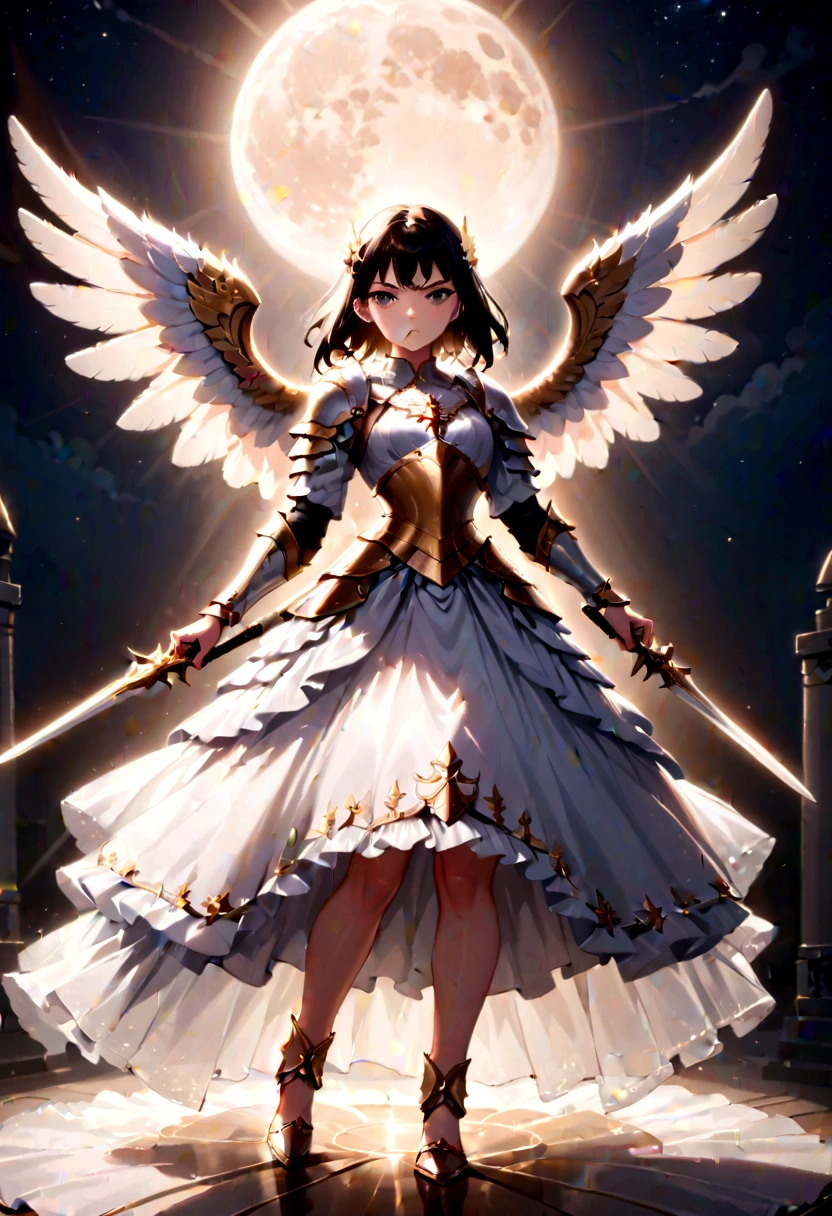 (a model shot taken from the back: 1.5), female angel (Masterpiece, intense details: 1.3), paladin, holy warrior, short blond hair, determined face, full body, armed with sword, holy symbol, (wearing white armor: 1.3), ((fully dressed: 1.5)), (wings sprouting from the back: 1.3) spread large feathered wings, majestic wings, white angelic wings, moon light, moon, stars, clouds, cemetery background, anatomically correct (Masterpiece, intense details: 1.3), god rays, cinematic lighting, glowing light, photorealism, panoramic view, Wide-Angle, Ultra-Wide Angle, 16k, highres, best quality, high details, ultra detailed, masterpiece, best quality, (extremely detailed), arafed, dnd art, armored dress