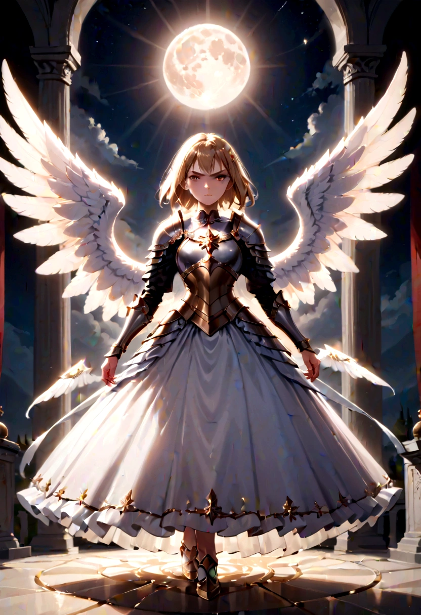 (a model shot taken from the back: 1.5), female angel (Masterpiece, intense details: 1.3), paladin, holy warrior, short blond hair, determined face, full body, armed with sword, holy symbol, (wearing white armor: 1.3), ((fully dressed: 1.5)), (wings sprouting from the back: 1.3) spread large feathered wings, majestic wings, white angelic wings, moon light, moon, stars, clouds, cemetery background, anatomically correct (Masterpiece, intense details: 1.3), god rays, cinematic lighting, glowing light, photorealism, panoramic view, Wide-Angle, Ultra-Wide Angle, 16k, highres, best quality, high details, ultra detailed, masterpiece, best quality, (extremely detailed), arafed, dnd art, armored dress