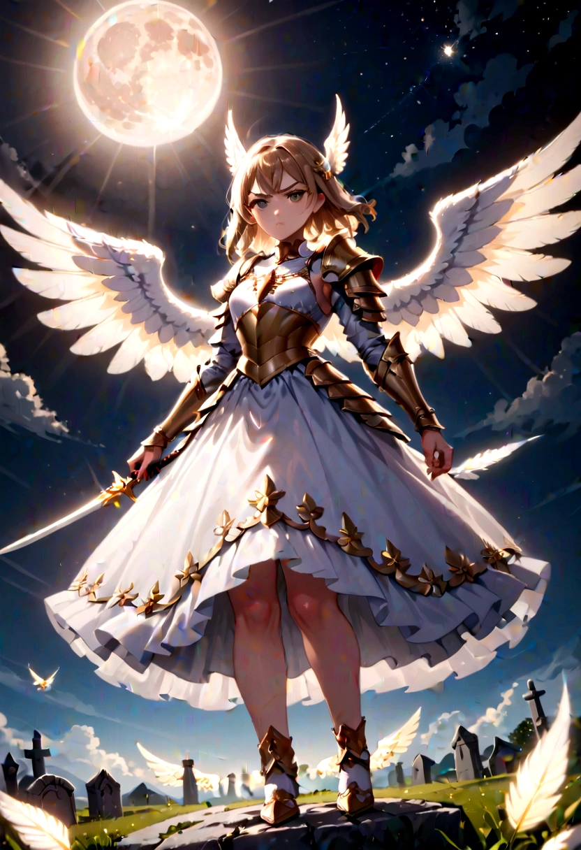 (a model shot taken from the back: 1.5), female angel (Masterpiece, intense details: 1.3), paladin, holy warrior, short blond hair, determined face, full body, armed with sword, holy symbol, (wearing white armor: 1.3), ((fully dressed: 1.5)), (wings sprouting from the back: 1.3) spread large feathered wings, majestic wings, white angelic wings, moon light, moon, stars, clouds, cemetery background, anatomically correct (Masterpiece, intense details: 1.3), god rays, cinematic lighting, glowing light, photorealism, panoramic view, Wide-Angle, Ultra-Wide Angle, 16k, highres, best quality, high details, ultra detailed, masterpiece, best quality, (extremely detailed), arafed, dnd art, armored dress