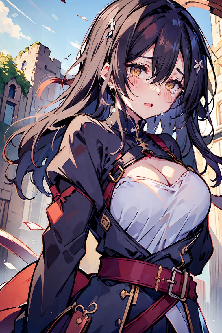 (masterpiece:1.2), (high quality:1.2), hui xiyi, rekkyo sensen, rekkyou sensen, girls with((black hair, tits cleavage, waving is hands, breasts close up, suspenders, dress, blue clothes, belt, frills shirt, white knit sweater, camisole, exposed breasts, straps, ribbon, upper body, long wavy hair, one side up, nun, long sleeves, perfect hands, perfect fingers)), background with((fantasy world, ruin, castle, beautiful sky, shining sky, sunshine))