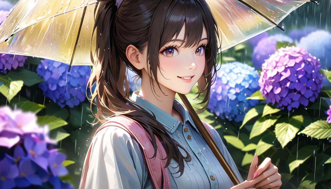 rain,Hydrangea Park, Cute casual clothes, Holding an umbrella,Blur the background,High school girls,ponytail,smile,Glitter effect,highest quality, 4K, 8k, High resolution, masterpiece:1.2, Very detailed, Realistic:1.37, High resolution, 超High resolution, Ultra-fine painting, Sharp focus, Physically Based Rendering, Very detailedな説明, Professional, Vibrant colors