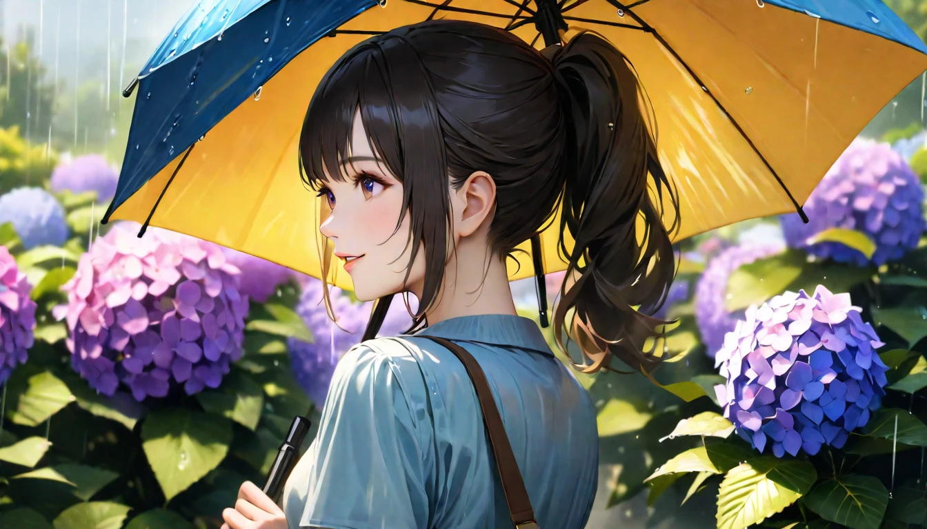 rain,Hydrangea Park, Cute casual clothes, Holding an umbrella,Blur the background,High school girls,ponytail,smile,Glitter effect,highest quality, 4K, 8k, High resolution, masterpiece:1.2, Very detailed, Realistic:1.37, High resolution, 超High resolution, Ultra-fine painting, Sharp focus, Physically Based Rendering, Very detailedな説明, Professional, Vibrant colors
