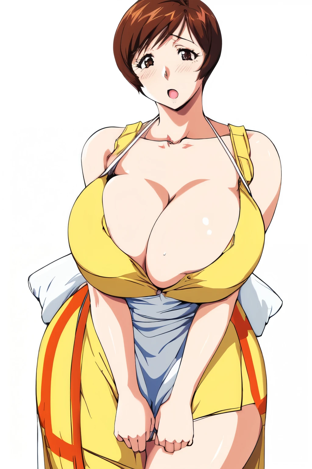 masterpiece, highest quality, High resolution, One girl, alone, sexual intercourse, Pornographic images, short hair, etsukoto, Brown eyes, fine grain, fine grain, (((Thick thighs, Plump thighs, Voluptuous thighs, Thighs alone are enough))), Huge and ample breasts, Cleavage, Huge long breasts, Naughty big,((Big breasts are important))、((Naughty thighs)), L Cup, (thin:1.4),(Tight waist:1.4), (Yellow Dress:1.4), ((white waist apron)), White panties, anguish, :o, blush, (((Simple Background))), ((Wide Hips)), Shiny, Oily skin, Mature mother, Calf, Seductive mature woman, Perfect body, Plus Size Model, etsukoto, blush, clavicle, retro artstyle, 1990s (style), ((grabbing own breast byself)),