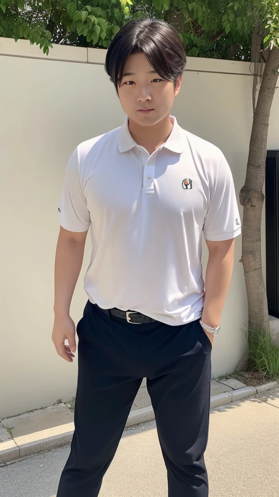 Handsome young man, (have a mustache:1) ,(buzz cut:1.1), (short hair:1.2), The forearms are muscular., (polo shirt:1.5), (Navy blue shirt:1.5), Jeans, Big muscles, Handsome and muscular, full body angle, (outdoor market:1.3), natural light