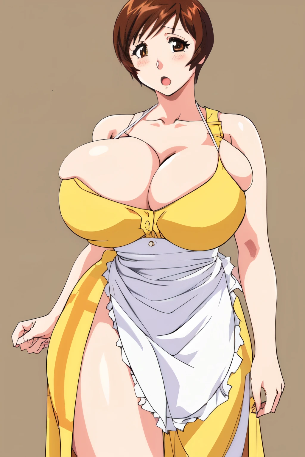 masterpiece, highest quality, High resolution, One girl, alone, sexual intercourse, Pornographic images, short hair, etsukoto, Brown eyes, fine grain, fine grain, (((Thick thighs, Plump thighs, Voluptuous thighs, Thighs alone are enough))), Huge and ample breasts, Cleavage, Huge long breasts, Naughty big,((Big breasts are important))、((Naughty thighs)), L Cup, (thin:1.4),(Tight waist:1.4),  (Yellow Dress:1.4), ((white waist apron)), White panties, anguish, :o, blush, (((Simple Background))), ((Wide Hips)), Shiny, Oily skin, Mature mother, Calf, Seductive mature woman, Perfect body, Plus Size Model, etsukoto, blush, clavicle, retro artstyle, 1990s (style), ((grabbing own breast byself)),