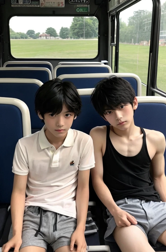 two beautiful boys、Japanese、Cute Boys、Dark Eyes、Black Hair、18 years old、、,Men with short black hair, In the bus, No shirt, No pants, , No pubic hair, Upper body naked、Polo shirt、Shorts