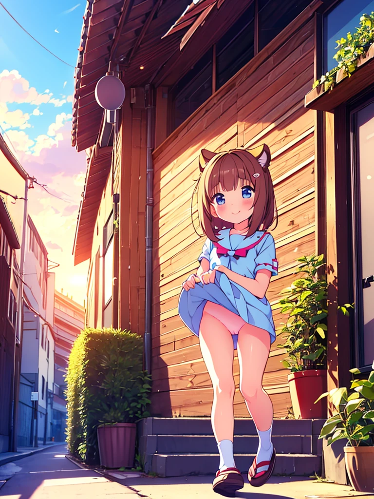 tanuki girl, tanuki, kawaii, on a streets of tokyo, sunset, sunbeams, magical lighting, akihabara, in cute short dress, undies visible, panties visible, smiling, blushing, shy pose, kawaii outfit, beautiful hair, looking away Short skirt raised show panties NSFW open legs