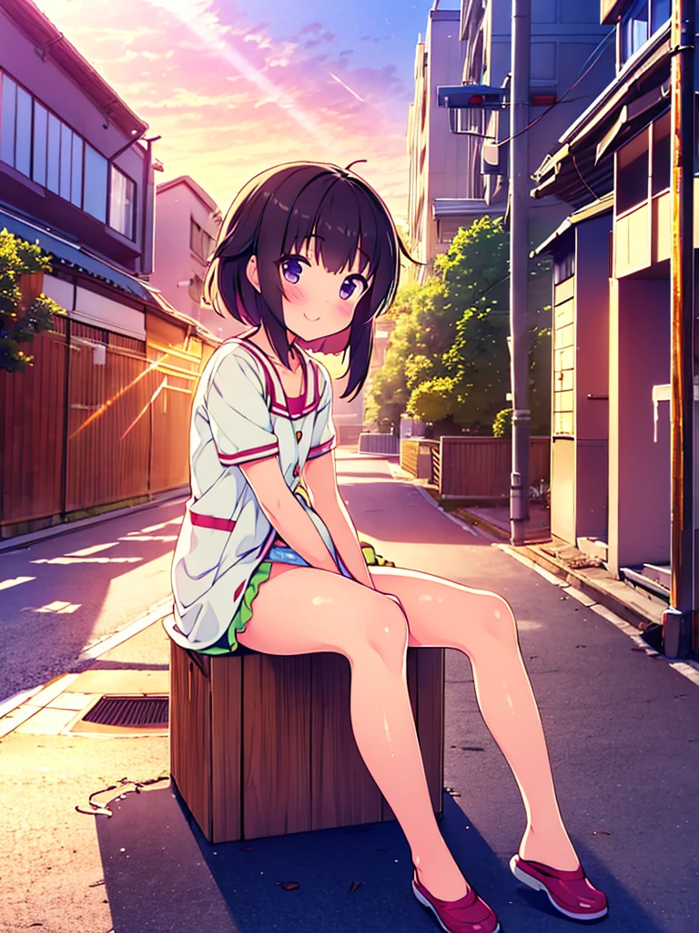 tanuki girl, **** tanuki, kawaii, on a streets of tokyo, sunset, sunbeams, magical lighting, akihabara, in cute short dress, undies visible, panties visible, smiling, blushing, shy pose, kawaii outfit, beautiful hair, looking away Short skirt raised show panties  NSFW open legs