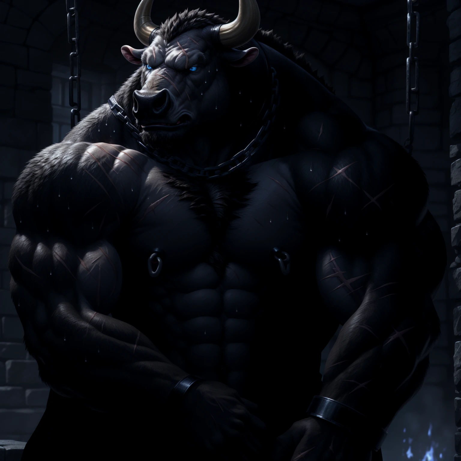 Sweating, muscular, Shirtless, dark castle, Anthropomorphic chest hair, serious face（scars in the face） Mature （blue eyes）Huge muscular torn abs wild wearing nipple rings and collars prisoners collar linked to chains lock ambitious black bull