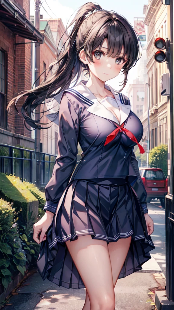 ((masterpiece, sidelighting, finely detailed beautiful eyes: 1.2)), ultra-detailed, ultra high res, professional lighting, high quality makeup, beautiful detailed eyes, sexy, beautiful, big eyes, drooping eye, (outdoor, strong wind:1.2), (1 girl:1.3), (high school student:1.2), (middle breasts), (slender body:1.1), (navy blue sailor suit, skirt:1.6), (blush cheek, blush body:1.1), moist eyes, (black hair), (absurdly long hair, ponytail:1.1), Extremely cute, (extremely detailed beautiful face), Authentic skin texture, beautiful hair, beautiful face, beautiful eyes, beautiful body, beautiful hands, (smile), standing, (face focus:1.6), (cleavage breasts focus:1.4)