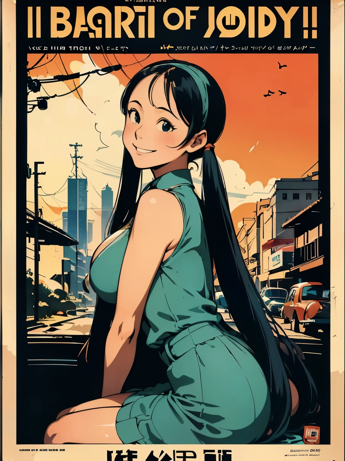(masterpiece、highest quality、highest quality、Official Art、Beautiful and beautiful:1.2)、(One Girl:1.3)Hatsune Miku、Twin tails,Big Breasts,Poster of the girl who lost her smile, Glossy old advertising poster, Vintage Posters, Poster Vintage, Retro Posters, enoch bolles, 1940s propaganda posters, Joseph Brant, inspired by Art Frahm, beautiful retro art, art deco poster, Vintage Posters style, Hidden Ads, Trading card cover