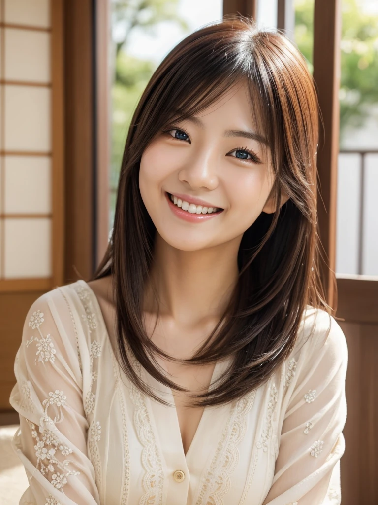 Japanese beauty、best quality,photorealistichigh-resolution,cute woman,beautiful detailed eyes,beautiful detailed lips,smiling,laughing,cute type,enjoy,Joyful smile,magic moment,looking at the camera、Delicate system、happy look、dimples that stand out