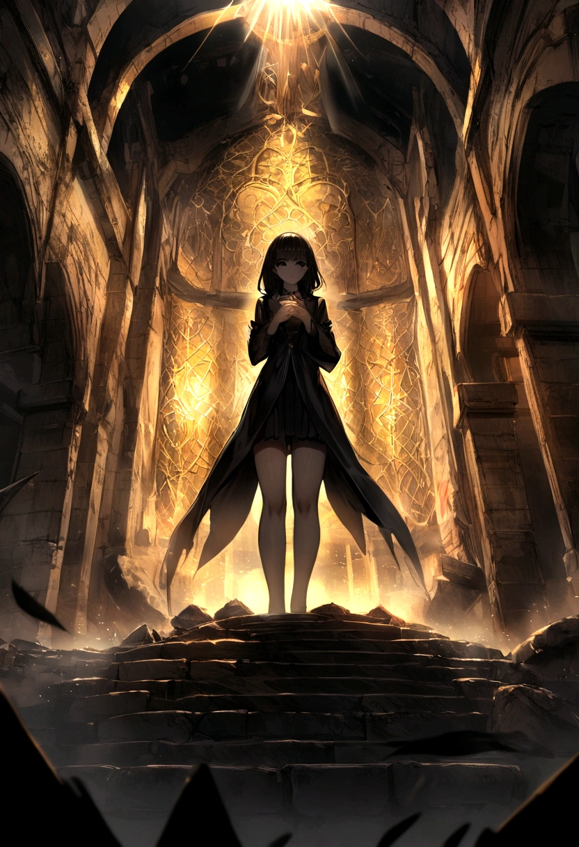 1girl, (shapely body), (solo), 19 years old, hdr, suit, Hwa Ryun stands in the semi-darkness of a ruined building surrounded by opponents. Her black robe sticks to her body, as if taking on a shadow, and the golden patterns on her mask shine in the dim light. Sharp, elegant blades flash in her hands.