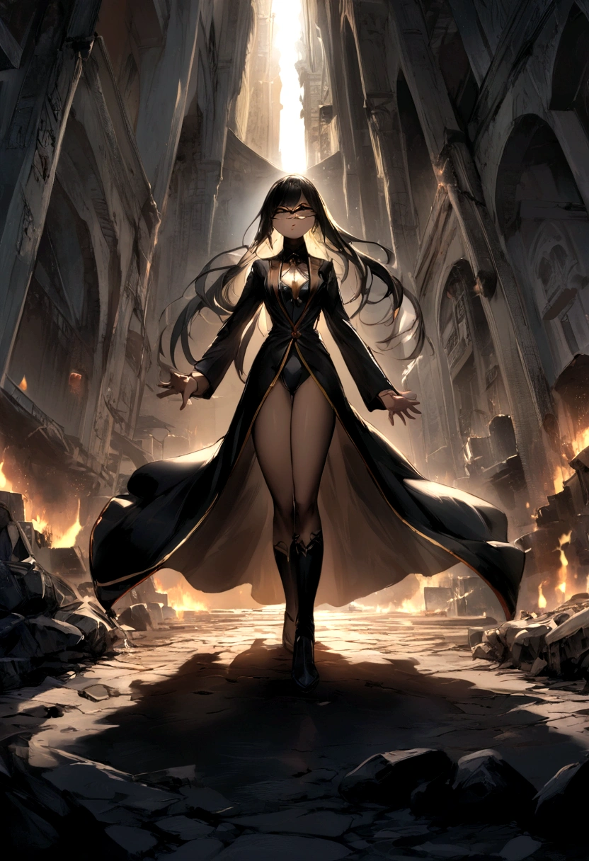 1girl, (shapely body), (solo), 19 years old, hdr, suit, Hwa Ryun stands in the semi-darkness of a ruined building surrounded by opponents. Her black robe sticks to her body, as if taking on a shadow, and the golden patterns on her mask shine in the dim light. Sharp, elegant blades flash in her hands.