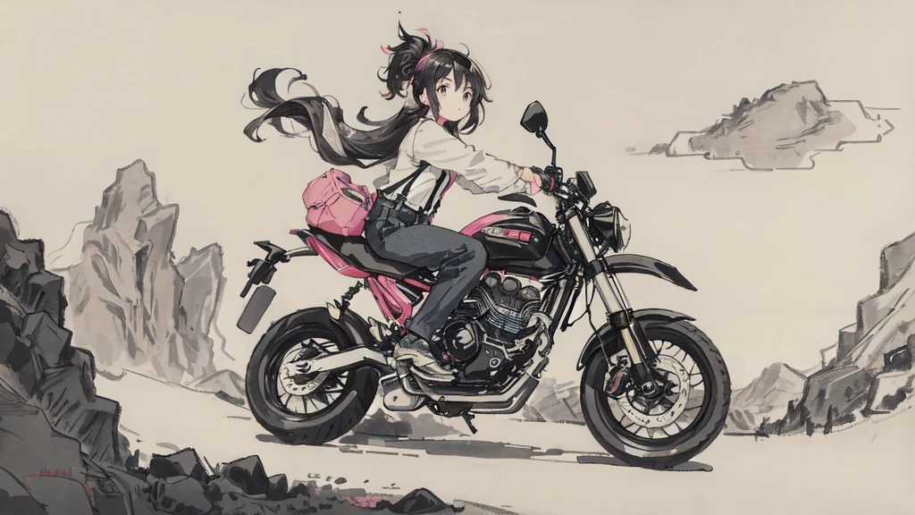 Girl riding pink motorcycle, Ball Head, Flowing hair, Come back to me, Holding a mobile phone, cute, interesting, suspenders, Road Background, vehicle, Disguise, streamer, Black Hair, Black cloth shoes, ink, landscape, High resolution